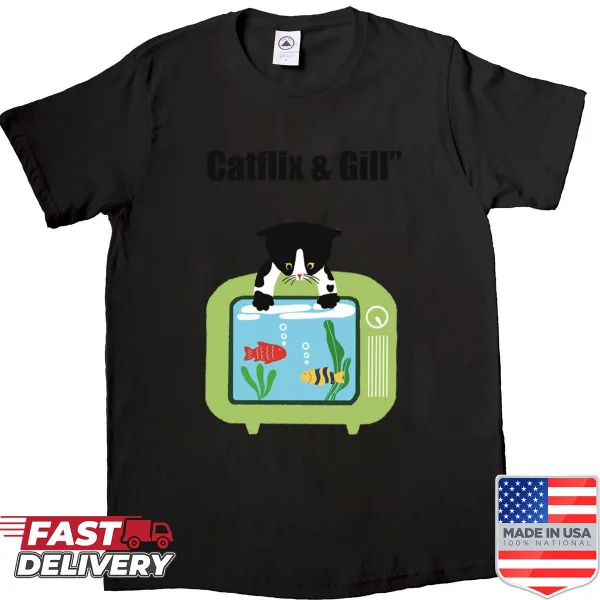 Funny cat watching fish graphic design on a playful shirt