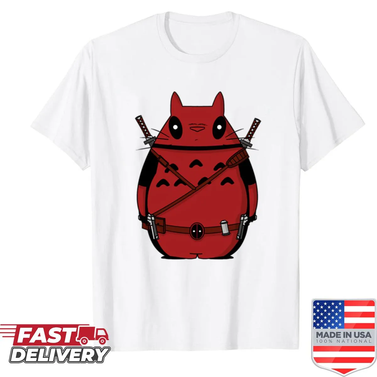 Whimsical T-shirt featuring a fusion of Cat and Deadpool characters.