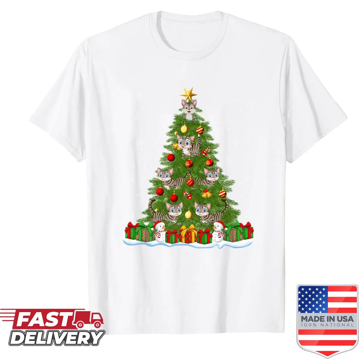 Funny Christmas shirt with cats tangled in lights around a tree