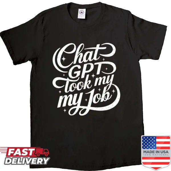 Humorous shirt about AI and job automation with playful text.