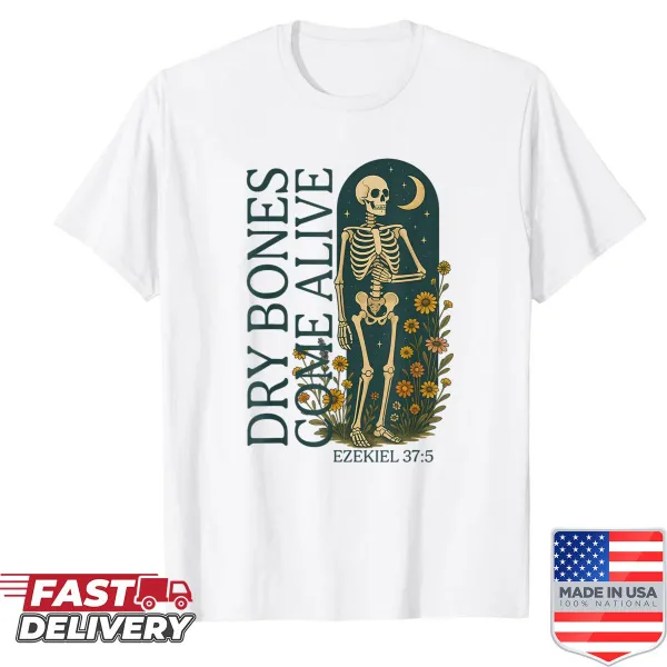 Boho-style shirt with a skeleton and a faith-inspired message