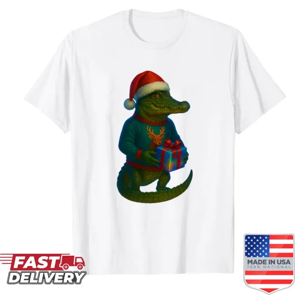 Christmas shirt featuring a cheerful crocodile in holiday attire