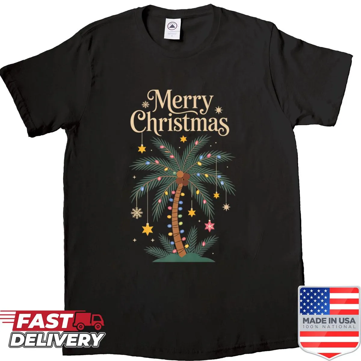 Tropical palm tree with holiday lights on a Christmas shirt