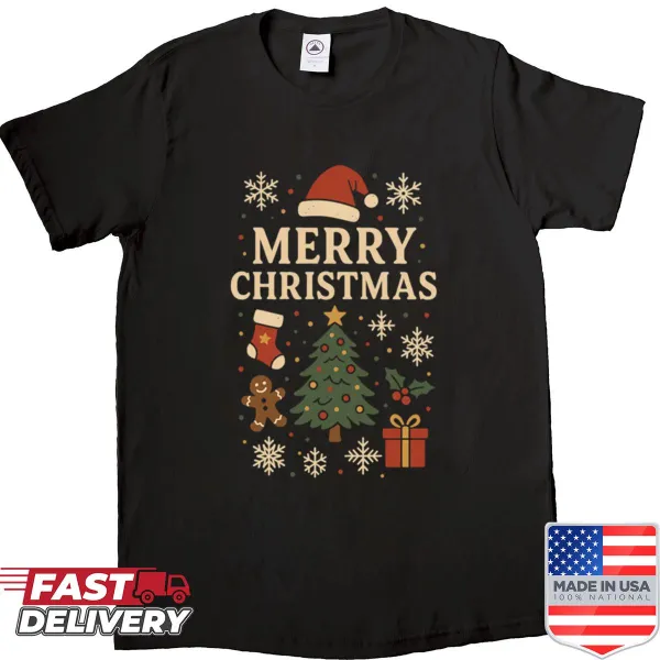 A festive Christmas-themed shirt with playful graphics.