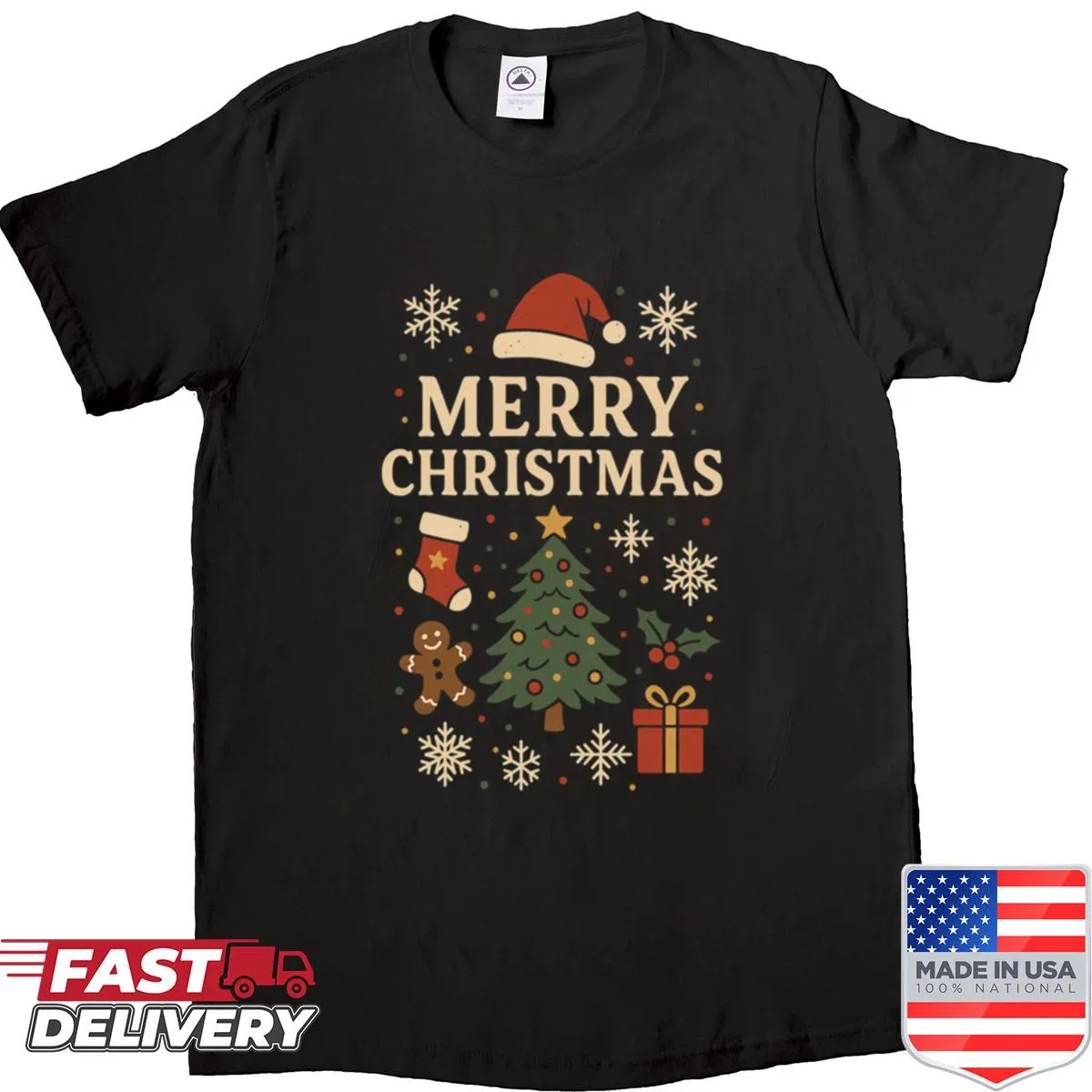 A festive Christmas-themed shirt with playful graphics.