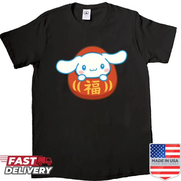 Cute Cinnamoroll and Daruma graphic design on a whimsical shirt