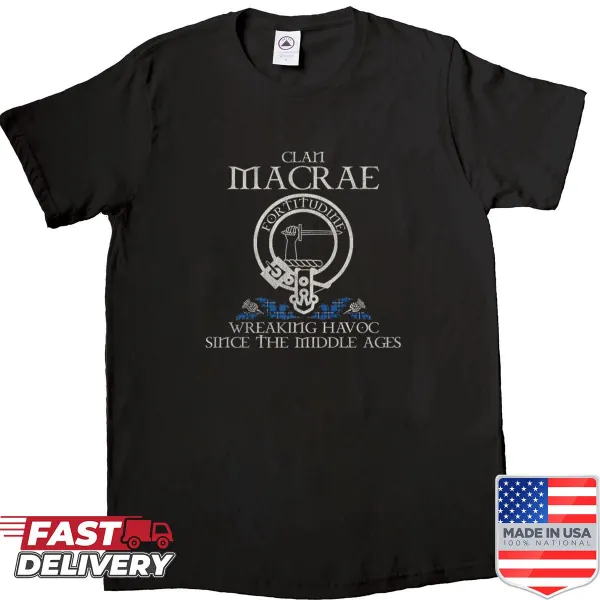 Vintage-style Clan Macrae crest shirt with distressed design