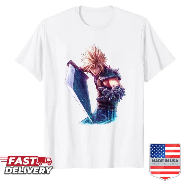 Illustrated Cloud Strife design from gaming culture on a t-shirt