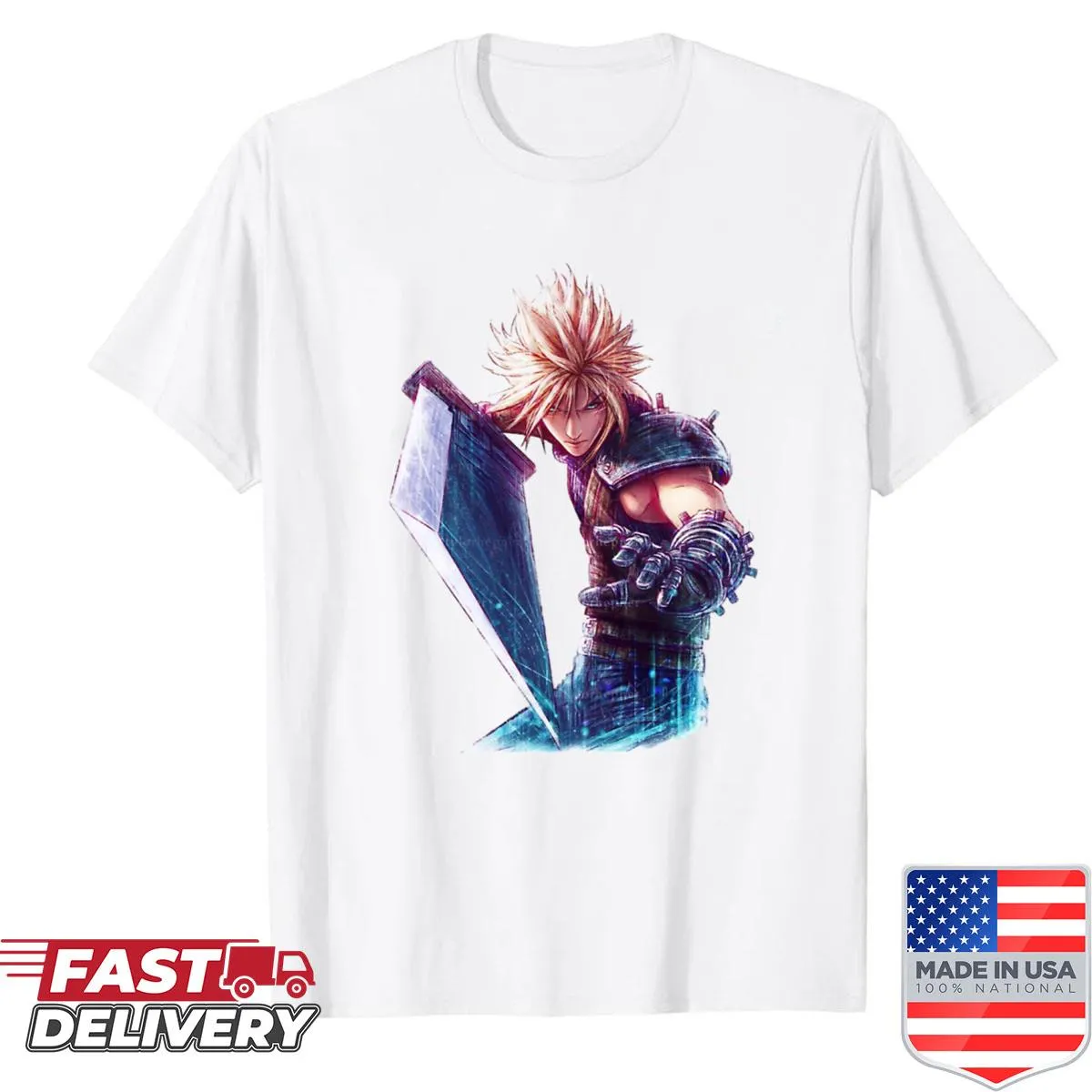 Illustrated Cloud Strife design from gaming culture on a t-shirt