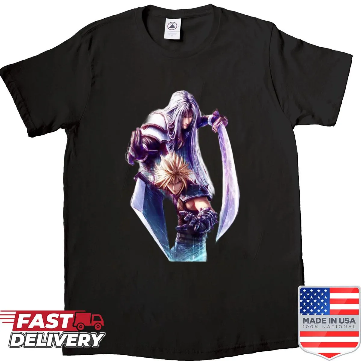 Gaming shirt featuring Cloud Strife and Sephiroth in an epic showdown.