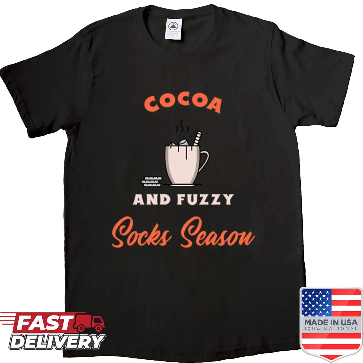 Cozy fall-themed shirt celebrating cocoa and fuzzy socks.