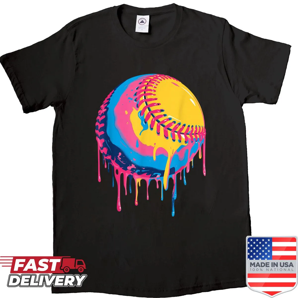 Melting baseball graphic design on a playful sports-themed shirt