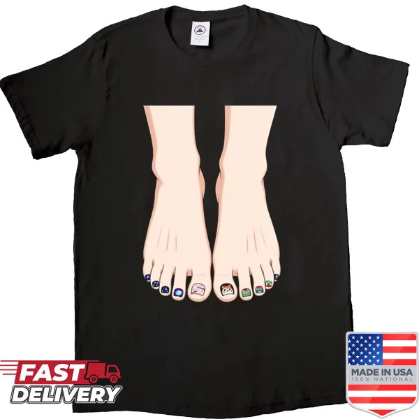 Whimsical shirt featuring colorful painted feet design.