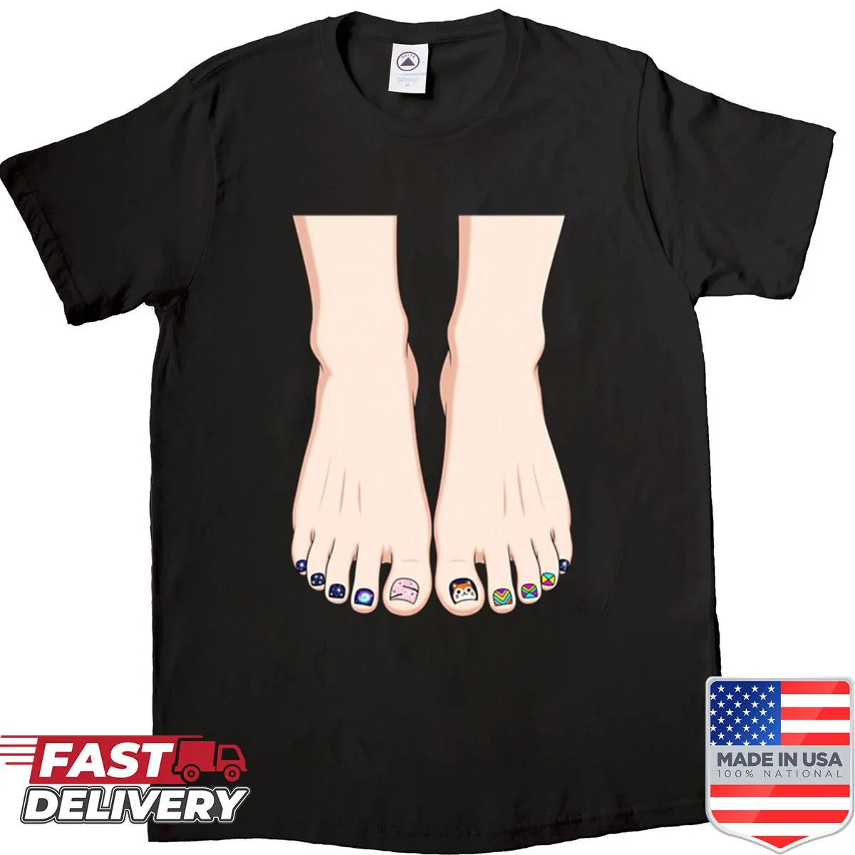 Whimsical shirt featuring colorful painted feet design.