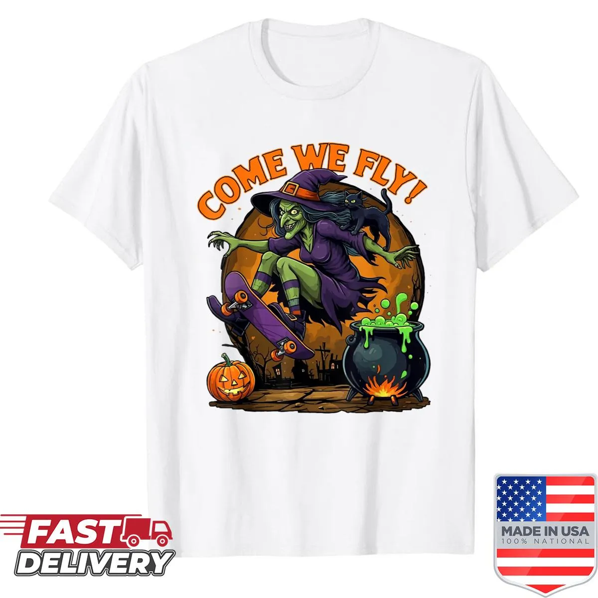 Sarcastic Halloween witch on skateboard graphic t-shirt