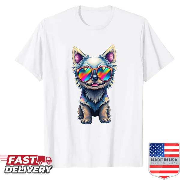 Disco dog in bokeh neon style on a shirt