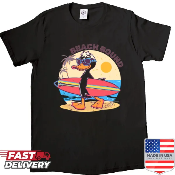 Cartoon Surfer Duck shirt with sunglasses and surfboard