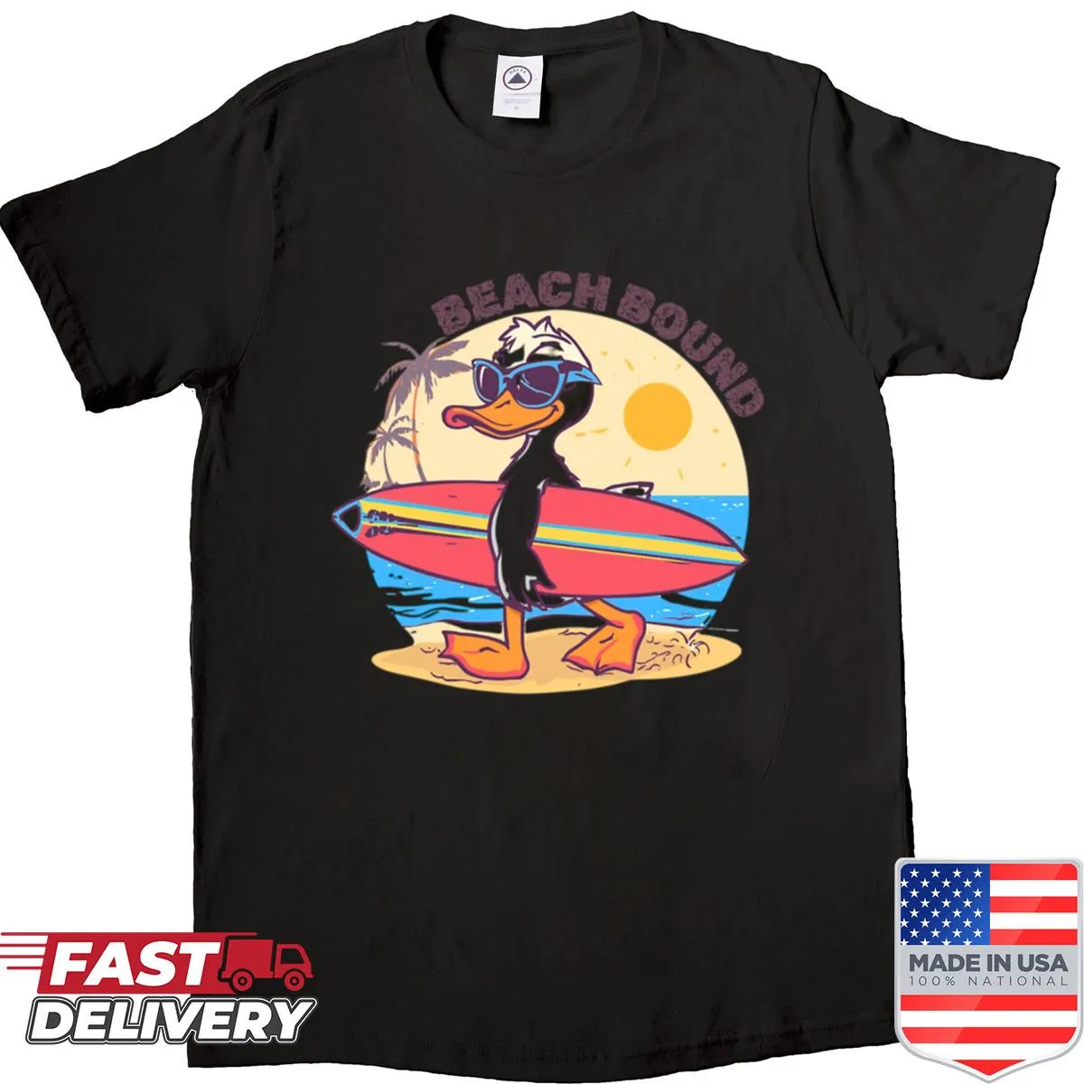 Cartoon Surfer Duck shirt with sunglasses and surfboard