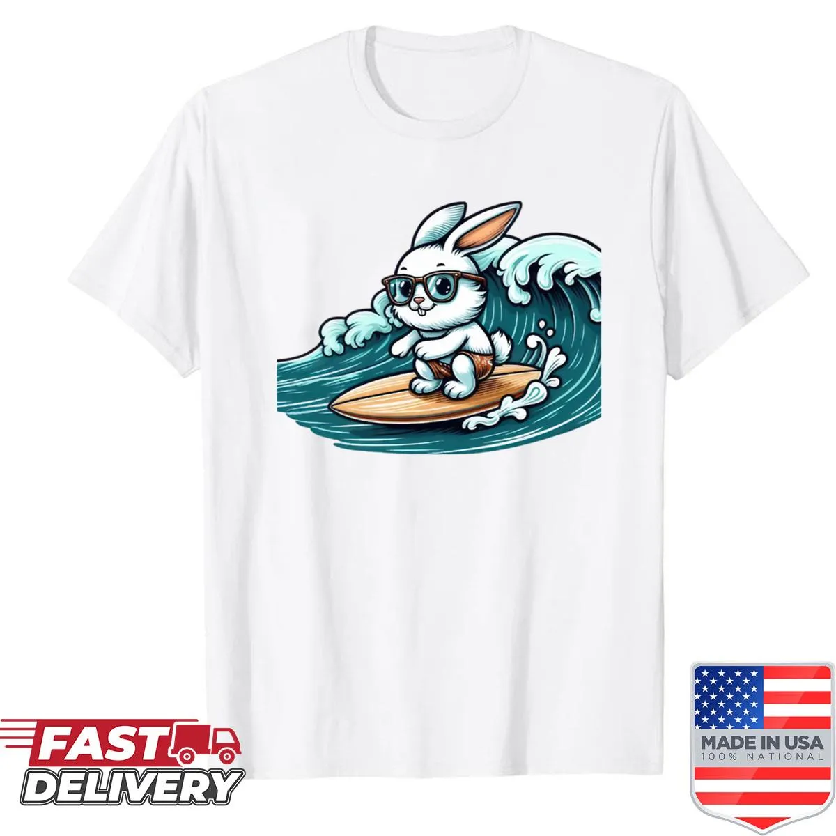 Cartoon rabbit surfing with sunglasses in a cool design