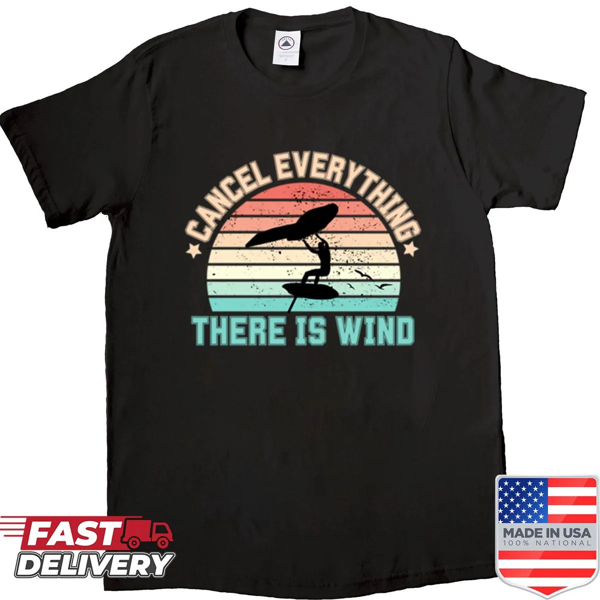 Retro wingfoil sunset graphic on a casual sports shirt