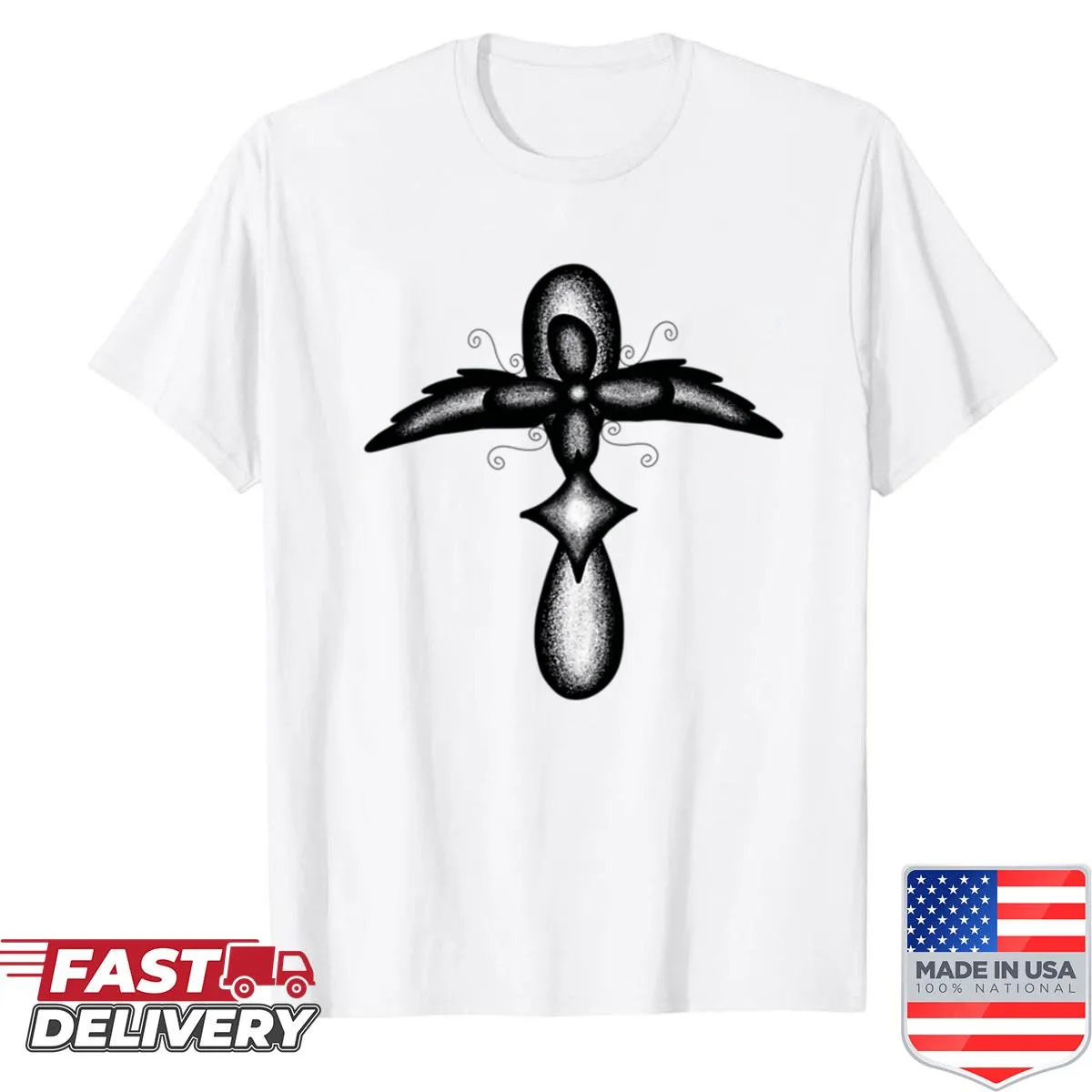 Minimalist cross design on a shirt
