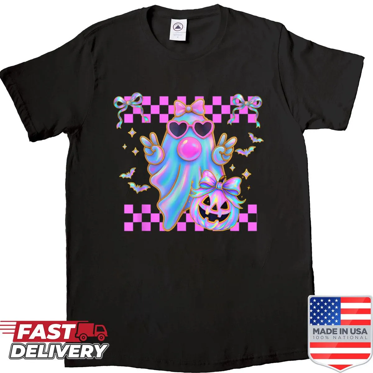 Cute Halloween ghost blowing bubble on women’s T-shirt