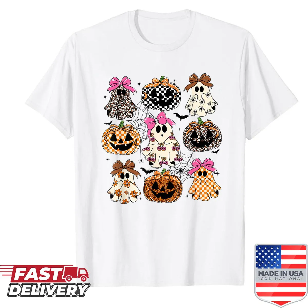 Leopard pumpkin and ghost graphic on a Halloween shirt