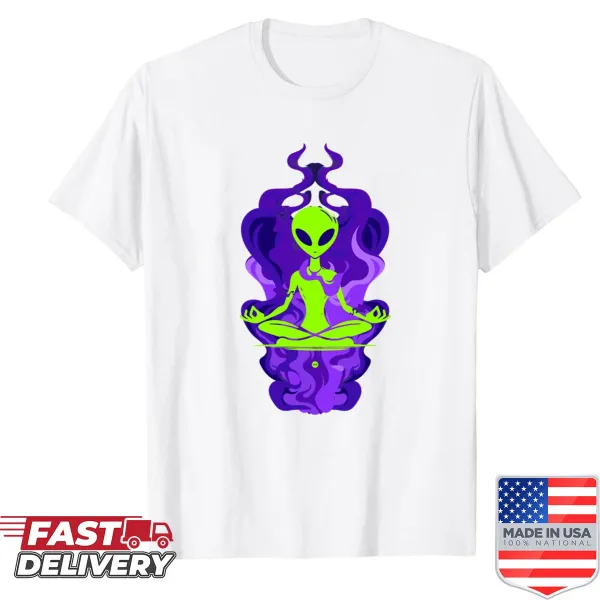 Cosmic meditation graphic shirt featuring a figure in a meditative pose.