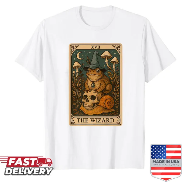 Whimsical shirt with a cottagecore witch, owl, and tarot cards.