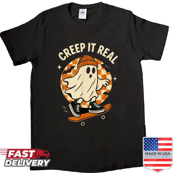 Cartoon ghost skateboarding with text 'Creep It Real' for Halloween