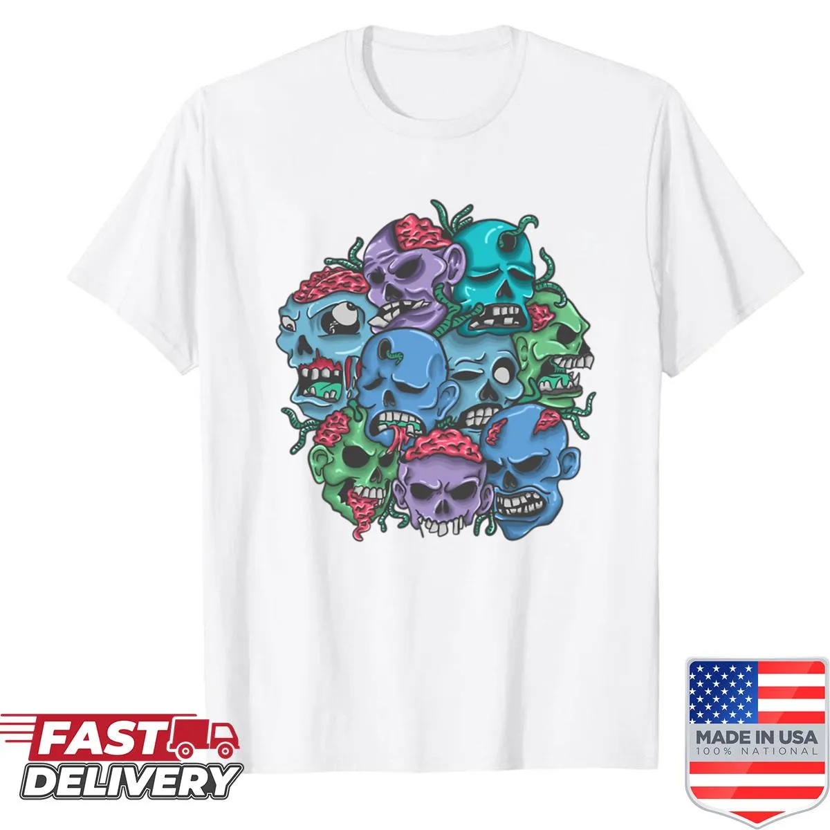 Shirt featuring creepy zombie skulls in a dark design