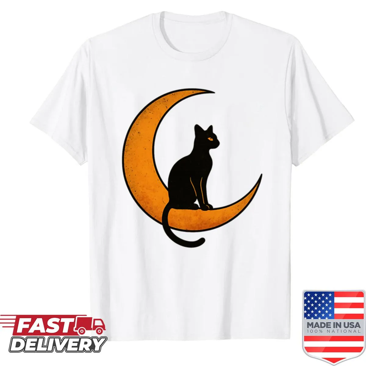 Shirt featuring a crescent moon and black cat in a mystical design