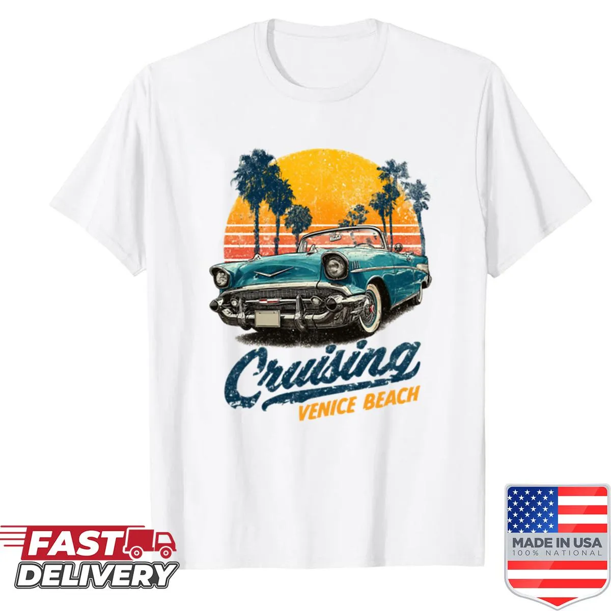 Retro vintage T-shirt featuring a convertible car and sunset