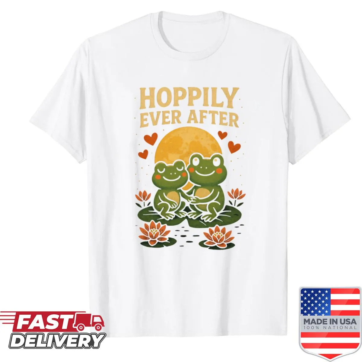 Couple frogs cartoon design saying Hoppily Ever After