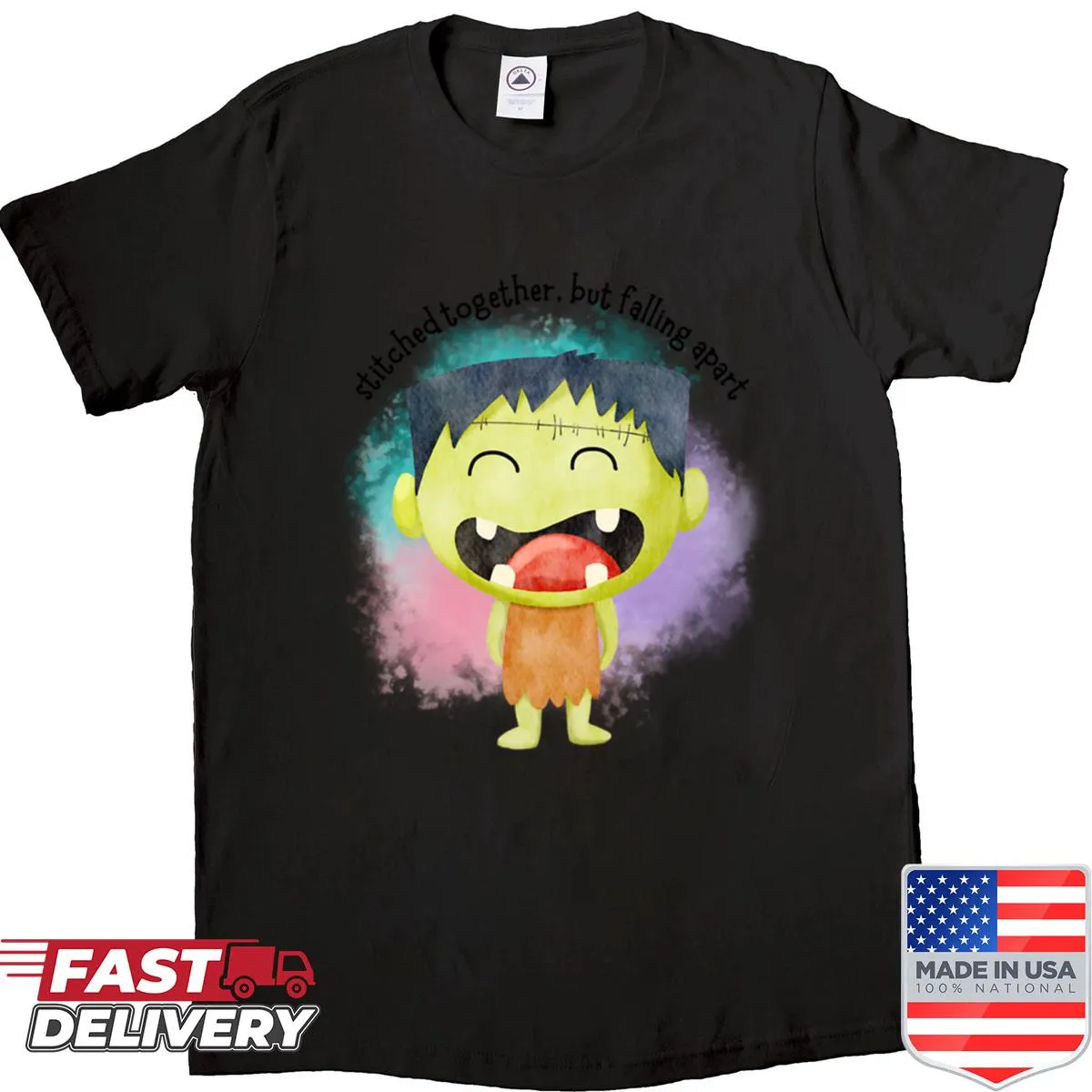 Cute green monster shirt featuring a cartoon Frankenstein design