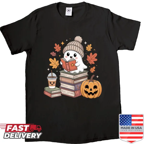 Cute ghost reading a book design on premium shirt