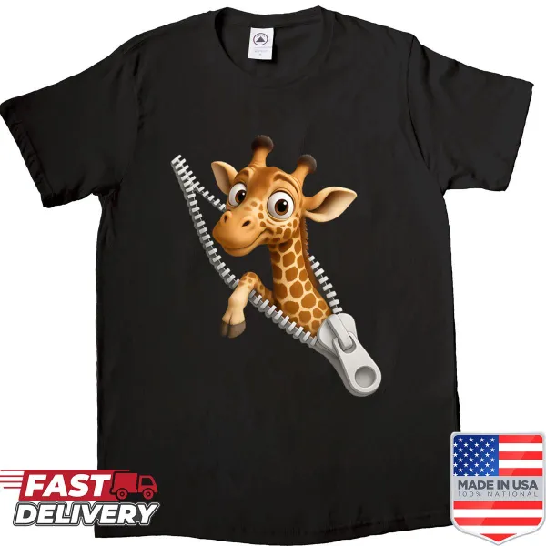 Funny shirt for kids featuring a giraffe coming out of a zipper