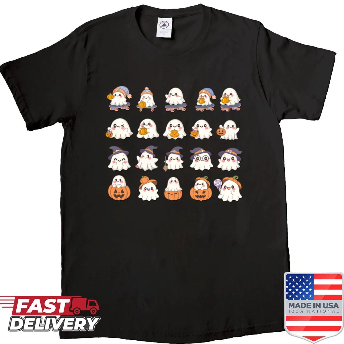 Cute Halloween-themed shirt with kawaii ghost illustrations.