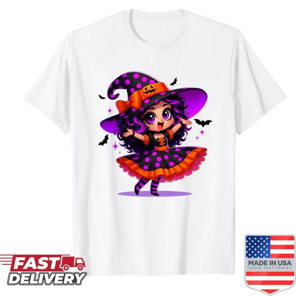 Illustrated cute witches on a Halloween shirt
