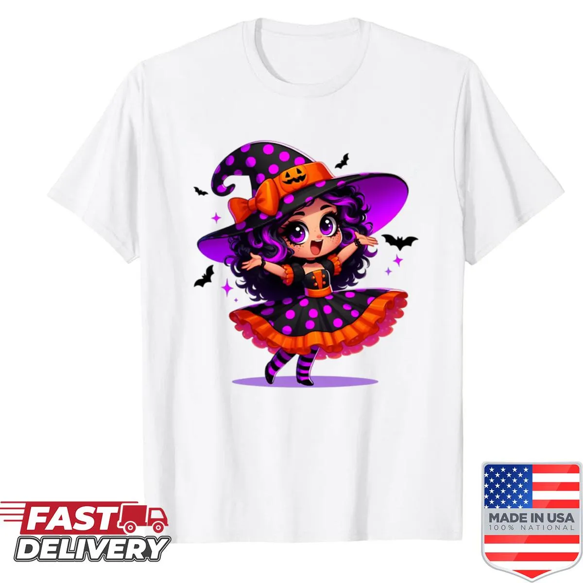 Illustrated cute witches on a Halloween shirt