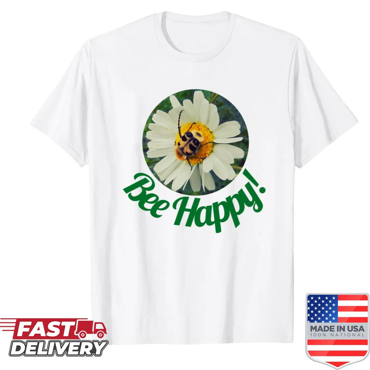 Cute bee buzzing around a daisy in a circular design