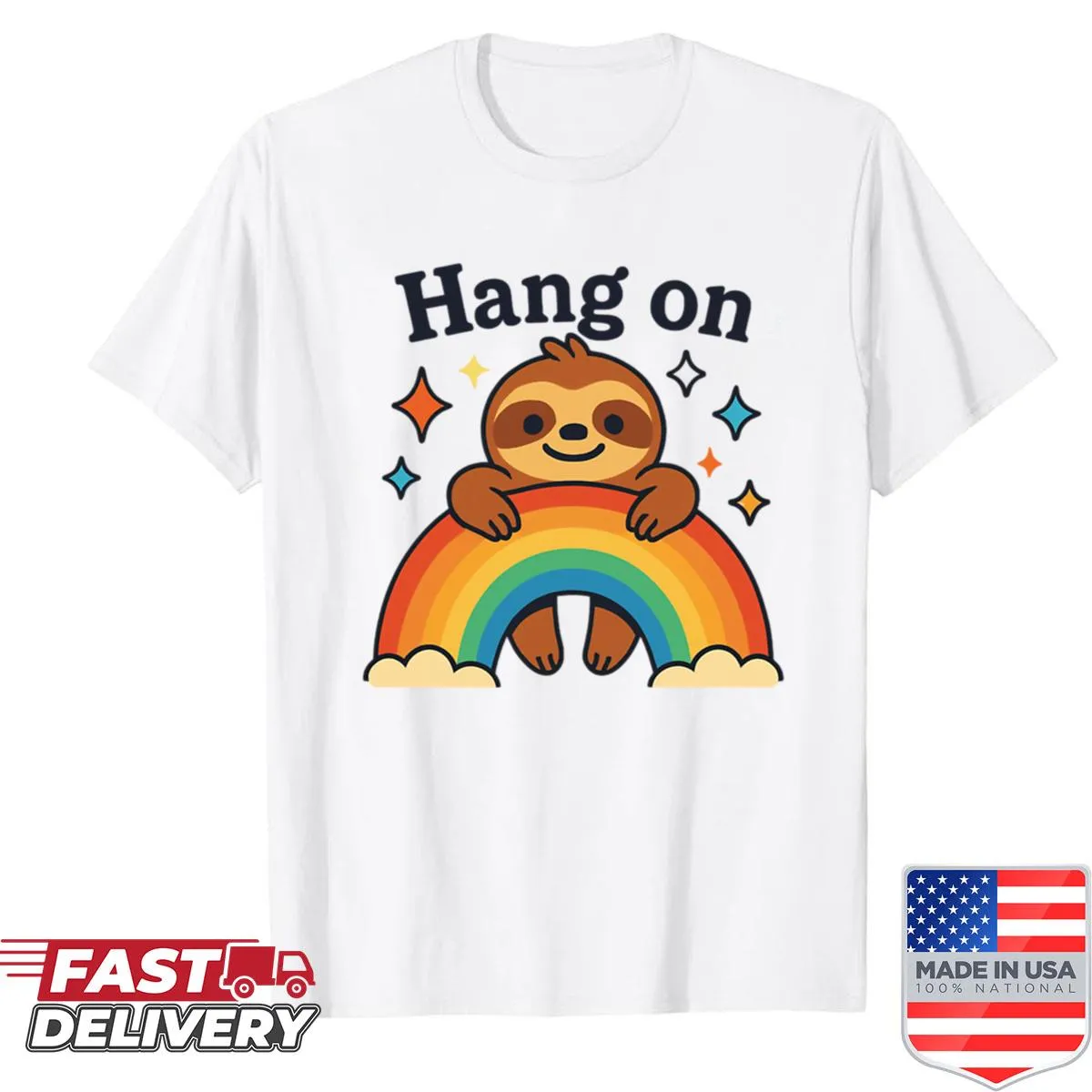 Sloth hanging on a rainbow with a positive quote sticker design