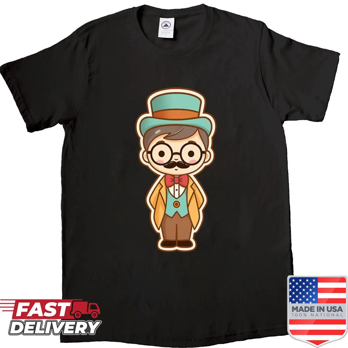 Vintage cartoon gentleman graphic shirt with mustache and top hat