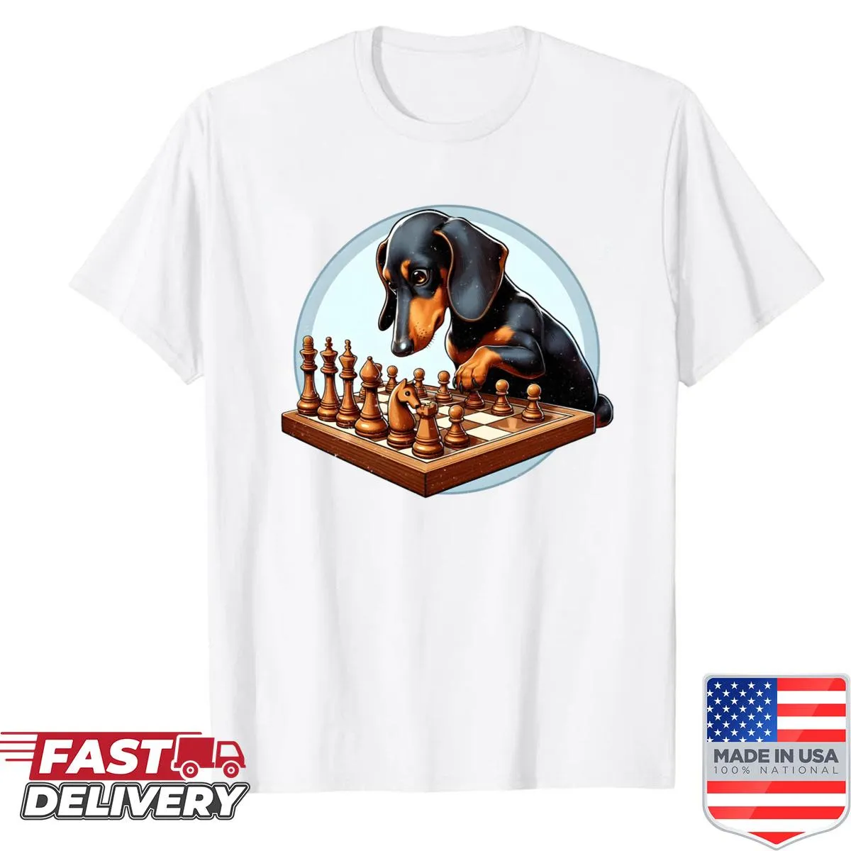 Dachshund playing chess illustrated on a t-shirt