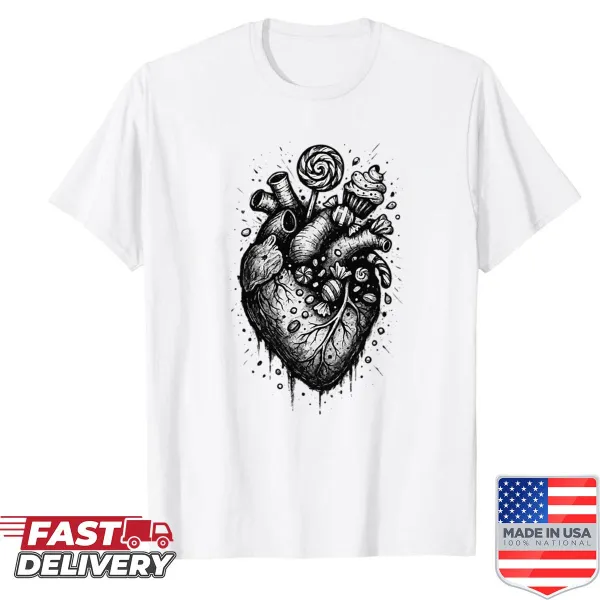Gothic artwork of a dark candy heart on a shirt