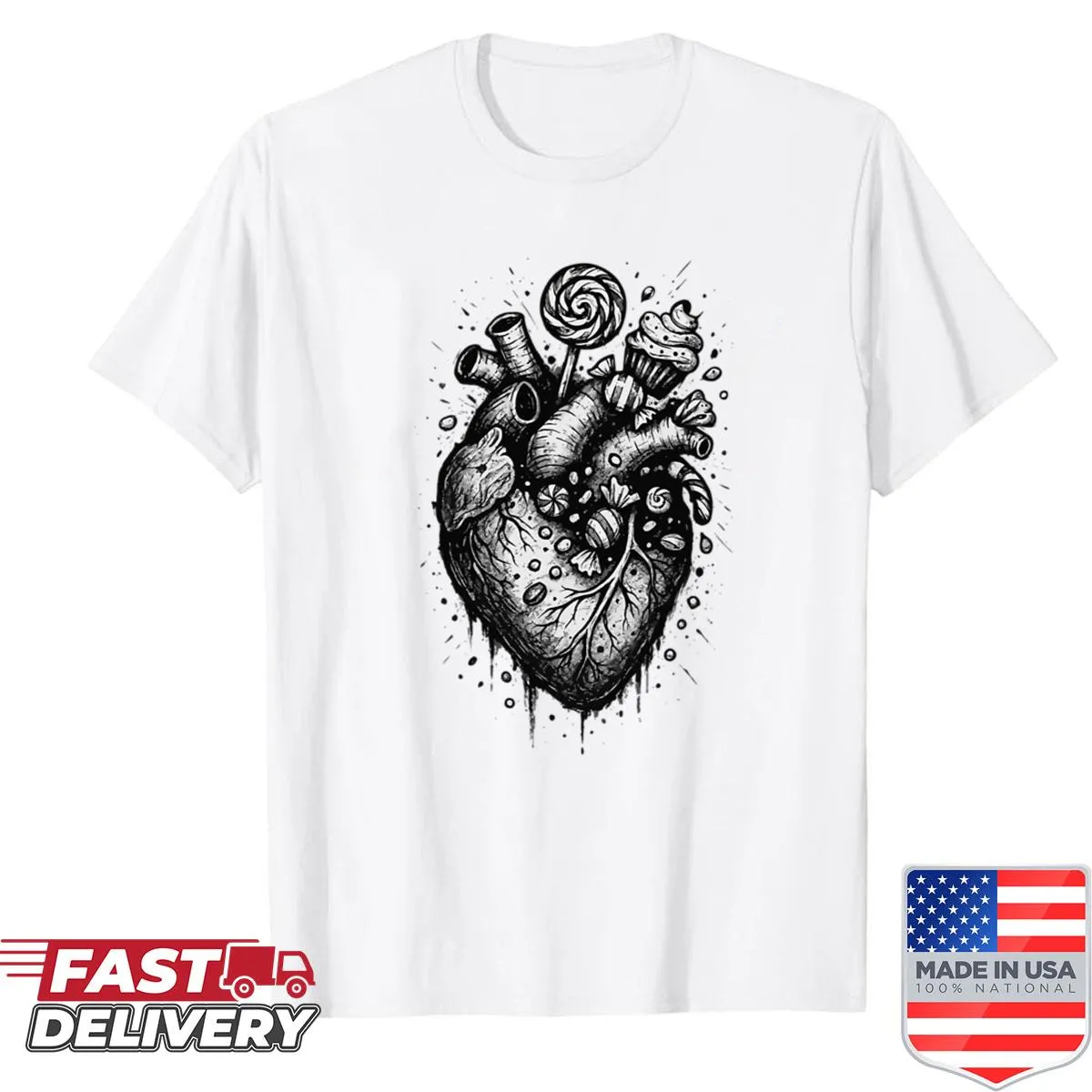 Gothic artwork of a dark candy heart on a shirt