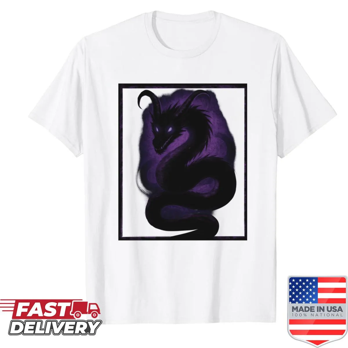 Dark serpent dragon illustrated on a fantasy-themed shirt