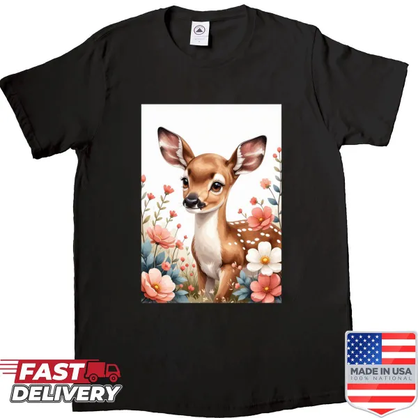 T-shirt featuring a serene deer among flowers illustration