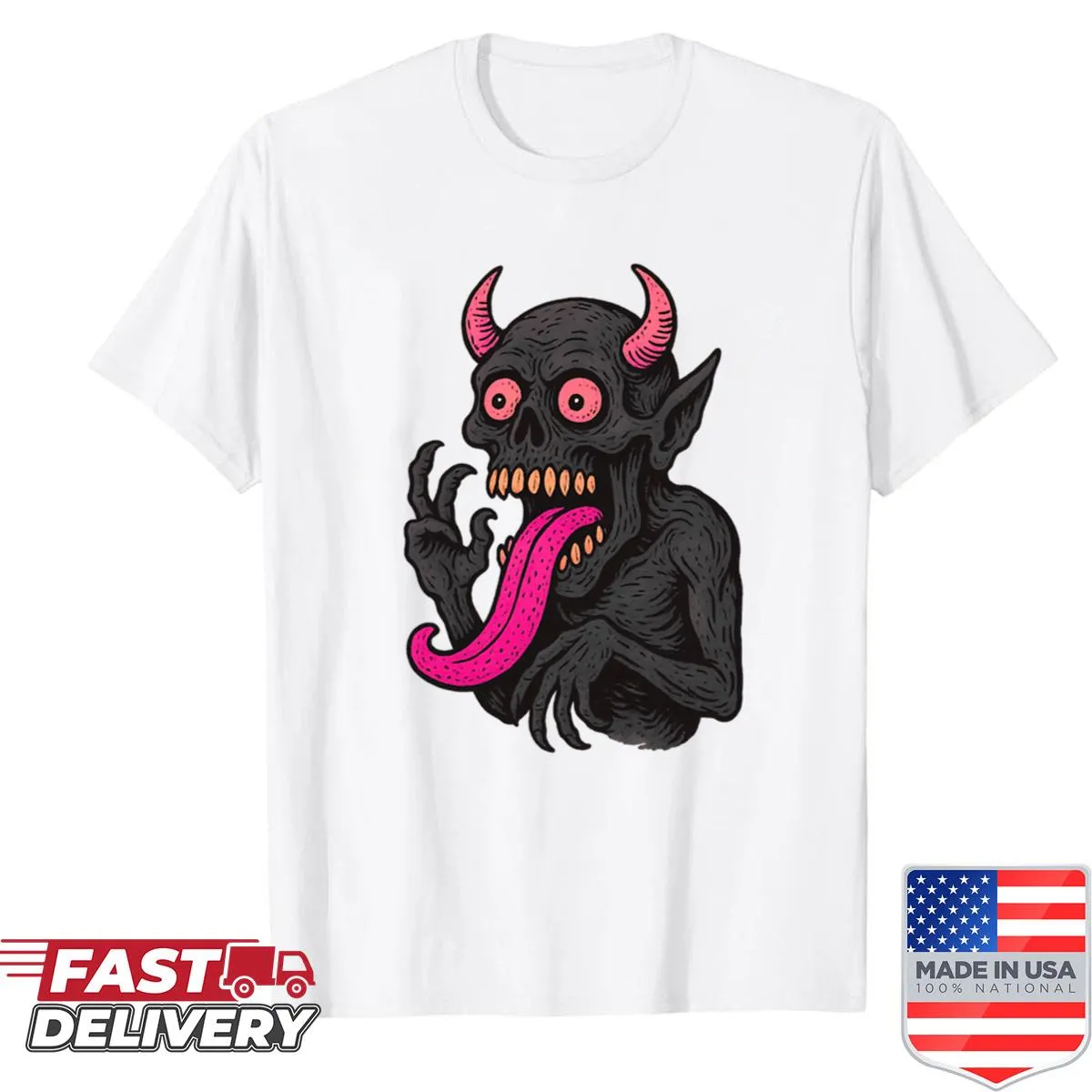 Demon tattoo design with horns and tongue on a shirt