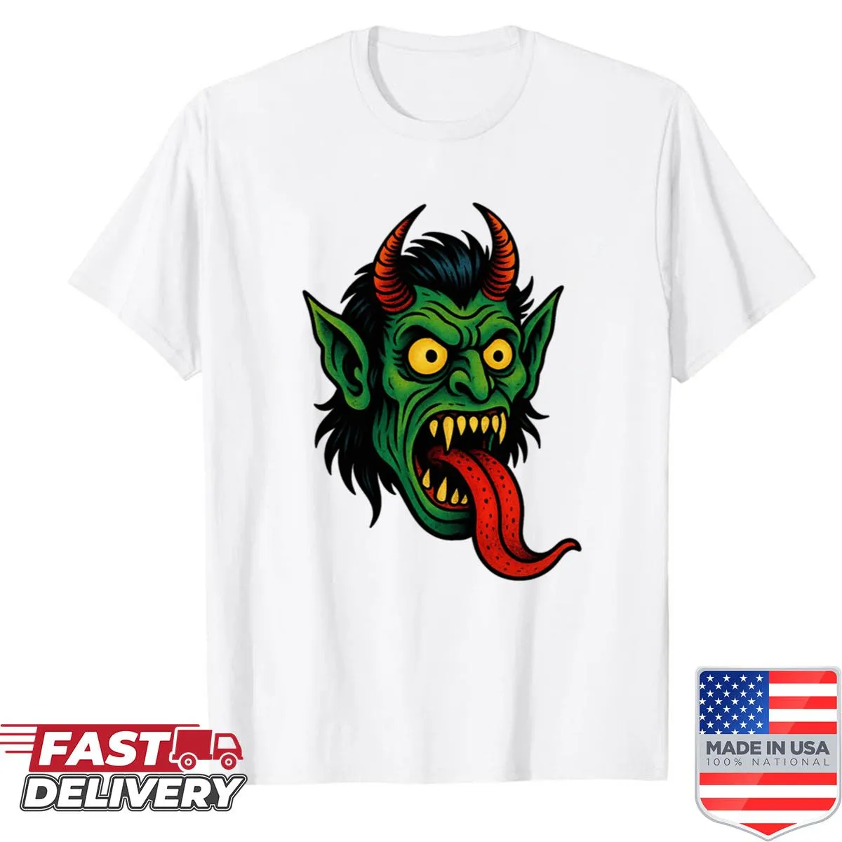 T-shirt featuring an illustrated demon head tattoo design.